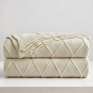 Luxury Cotton Knitted Cable Throw Blanket Cream